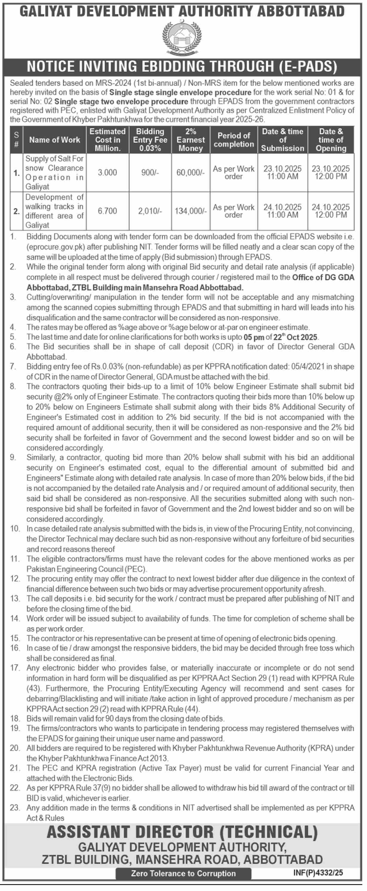 Galiyat Development Authority Abbottabad Tender Notice